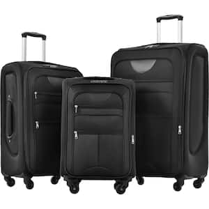 Black Lightweight 3-Piece Expandable Polyester Softshell Spinner Luggage Set with TSA Lock and 2-External Pockets