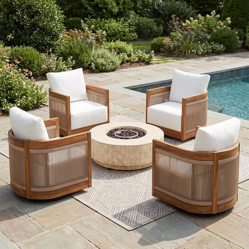 5-Piece Acacia Wood Patio Outdoor Conversation Set with Beige Cushions, 4 Club Chair,40000BTU MGO Propane Fire Pit Table