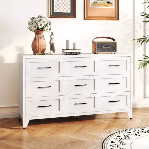 Torvelis Modern White 9-Drawer 52 in. Wide Metal Dresser, Storage Chest for Closet