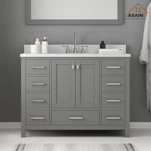 48 in. W x 22 in. D x 35.4 in. H Single Sink Solid Wood Bath Vanity in Gray with White Natural Marble Top and Basin