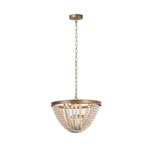 3-Light Antiqued Brass Farmhouse Empire Chandelier Light Fixture with White Faux Wood Beaded Shade