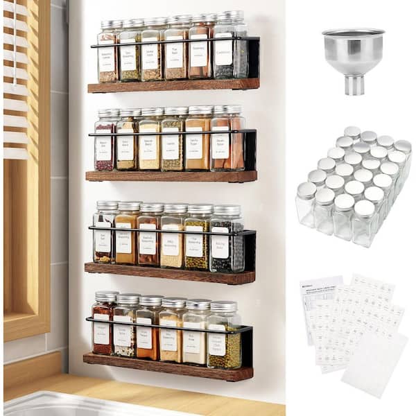 4 Magnetic Black Refrigerator Mount Spice Rack Organizer with 24 Glass Jars 216 Labels Steel Funnel Set
