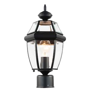 15.5 in. H 1-Light Black Metal Hardwired Outdoor Waterproof Post Light with Glass Shade, No Bulbs Included, E26