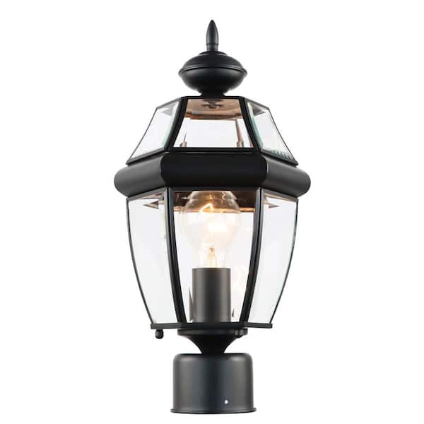 Sunpez 15.5 in. H 1-Light Black Metal Hardwired Outdoor Waterproof Post Light with Glass Shade, No Bulbs Included, E26