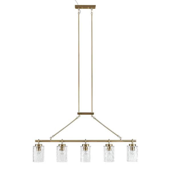 5-light Gold Metal Linear Chandelier with Textured Glass Shades, Adjustable Height