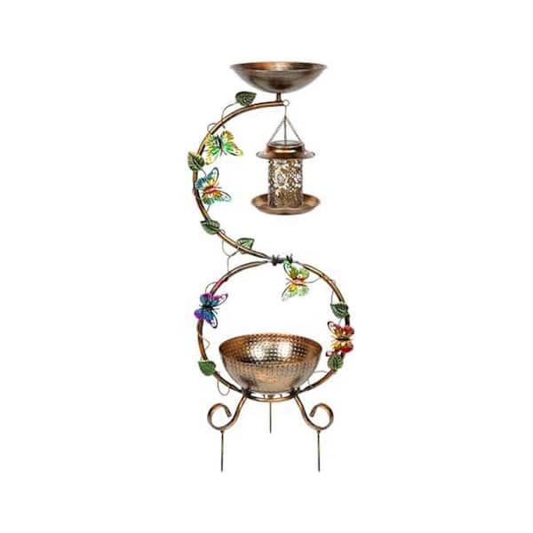 Phewnyzo 3-in-1 38 in. Vintage Metal Waterproof Bird Bath Black with Solar Bird Feeder and Planter Pedestal