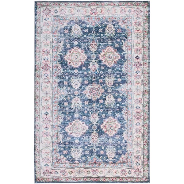 SAFAVIEH Tuscon Navy/Beige 9 ft. x 12 ft. Machine Washable Border Floral Distressed Area Rug