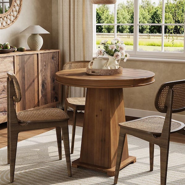 Roesler Farmhouse Natural Solid Wood 31.5 in. Pedestal Base Dining Table Round Dining Room Table Seats 4