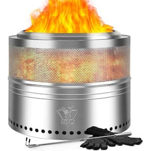 20 in. Folding Stainless Steel Smokeless Wood Burning Outdoor Fire Pit with Removable Ash Stand & Gloves & Fire Poker