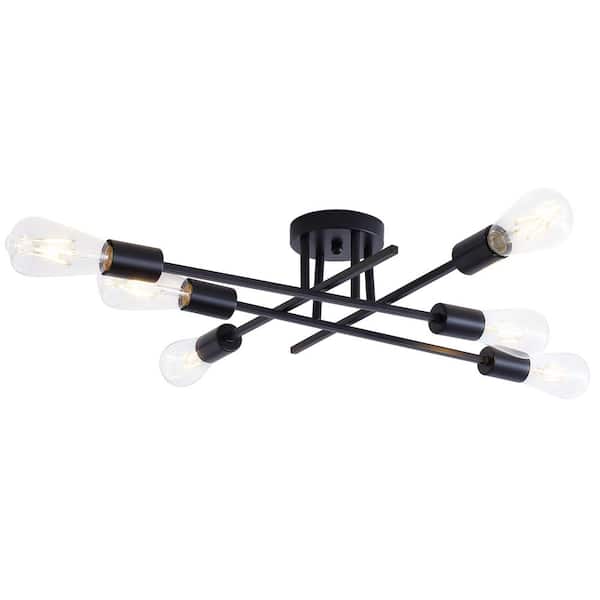 aiwen Industrial 25.59 in. 6-Light Black Linear Semi-Flush Mount Light Sputnik Ceiling Light