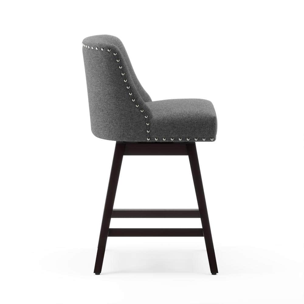 Charcoal Gray Swivel Counter Height Bar Stools with Wood Legs, Set of 2
