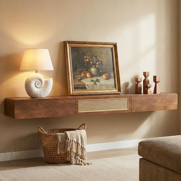78.74 in. Floating TV Stand Wall Mounted Media Console with Rattan Door and Drawers Maximum Television Size 85 in. Brown