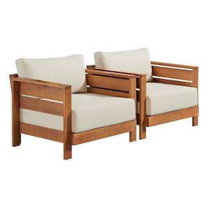 Barton Weather-Resistant Wood Outdoor Patio Arm Chair with Stain and Fade-Proof White Cushions (Set of 2)