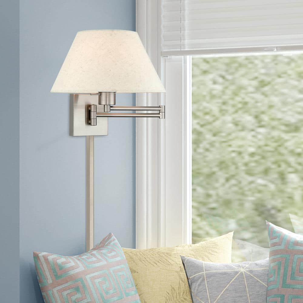 Brushed Nickel Swing Arm Wall Light with Oatmeal Fabric Shade