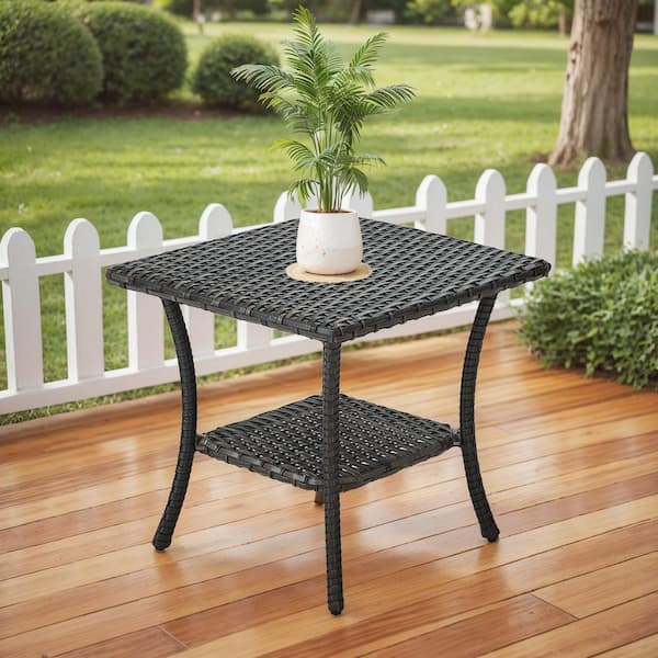 Brown Square Wicker Outdoor Side Table with Storage Shelf Modern Farmhouse Patio Rattan Coffee Table for Garden