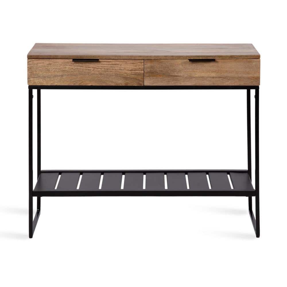Natural Brown and Black Mango Wood Console Table with Metal Shelf