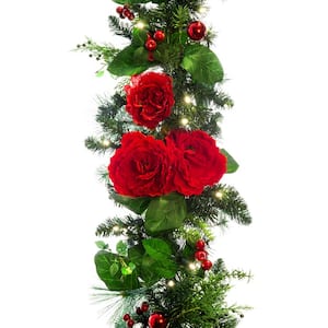 9 ft. Pre-Lit LED Red Peonies and Berry Garland