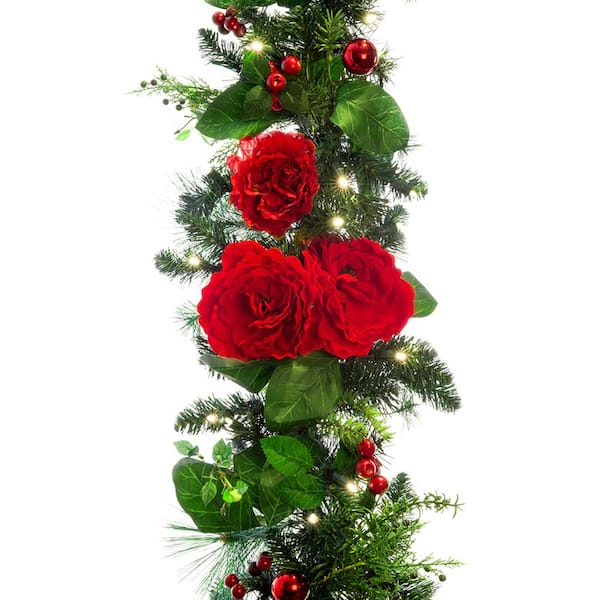 Village Lighting Company 9 ft. Pre-Lit LED Red Peonies and Berry Garland