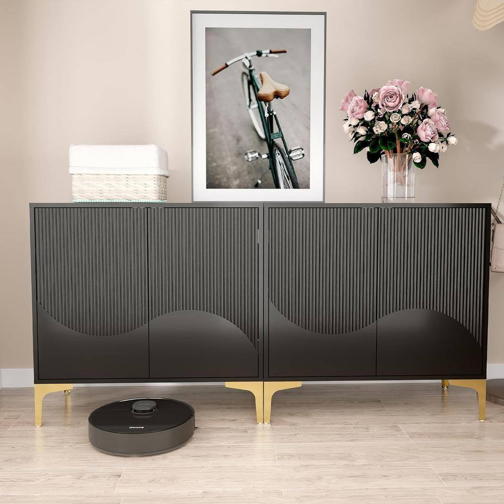 Black Fluted Wood 31.7 in. Buffet Sideboard Cabinet with 2 DoorsandAdjustab