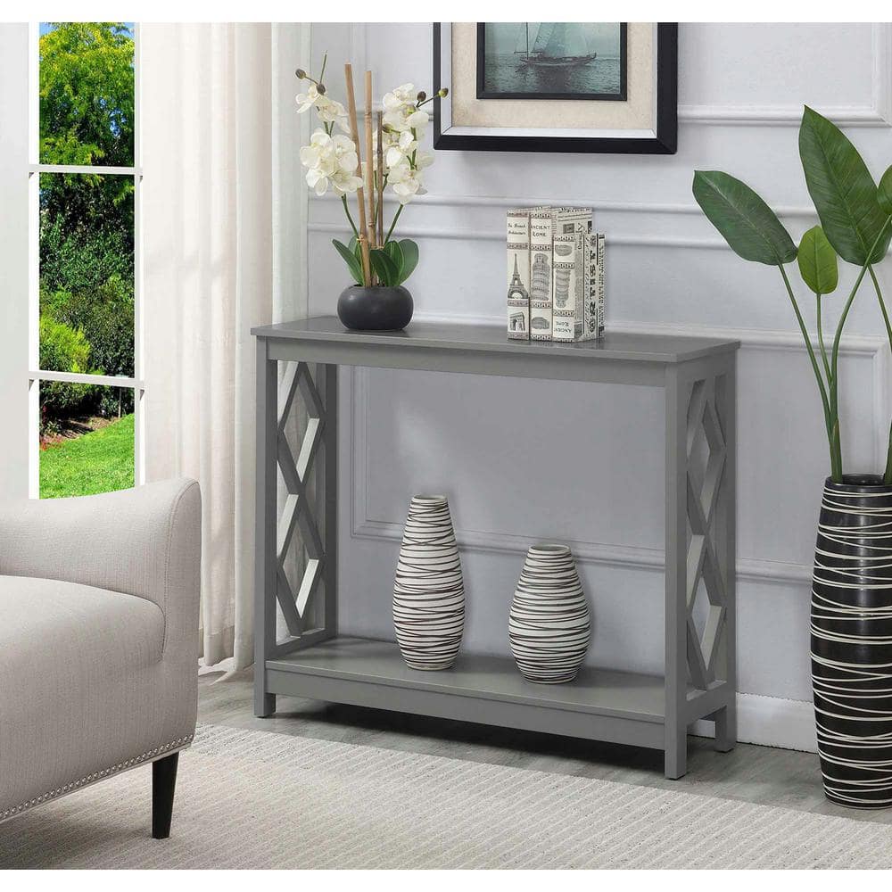 Diamond Cut Gray Console Table with Dual Storage Shelves