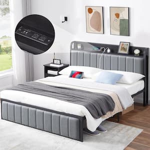 Bed Frame, Gray Metal Frame Queen Platform Bed Upholstered Headboard with Storage Charging Station, Sturdy Metal Slats