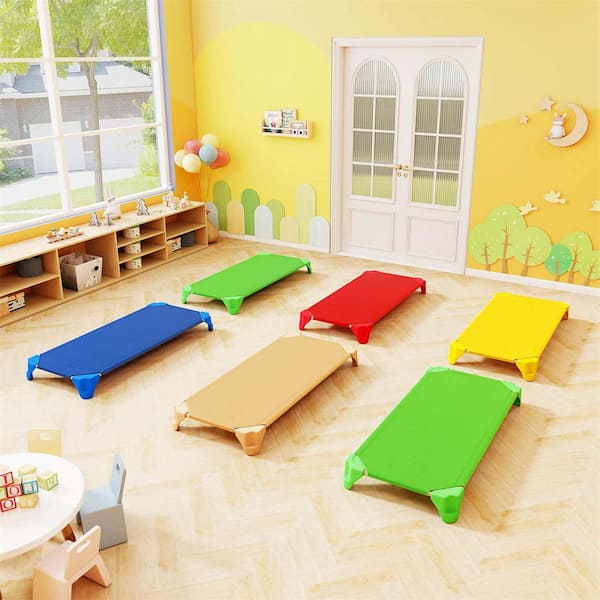 Costway Multicolor Toddler Stackable Daycare Cots with Easy Lift Corners Heavy-Duty Metal Frame Kids(6-Pack)