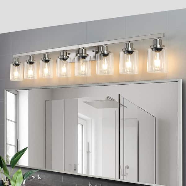 51 in. 8-Light Brushed Nickel Vanity Light with Glass Shade