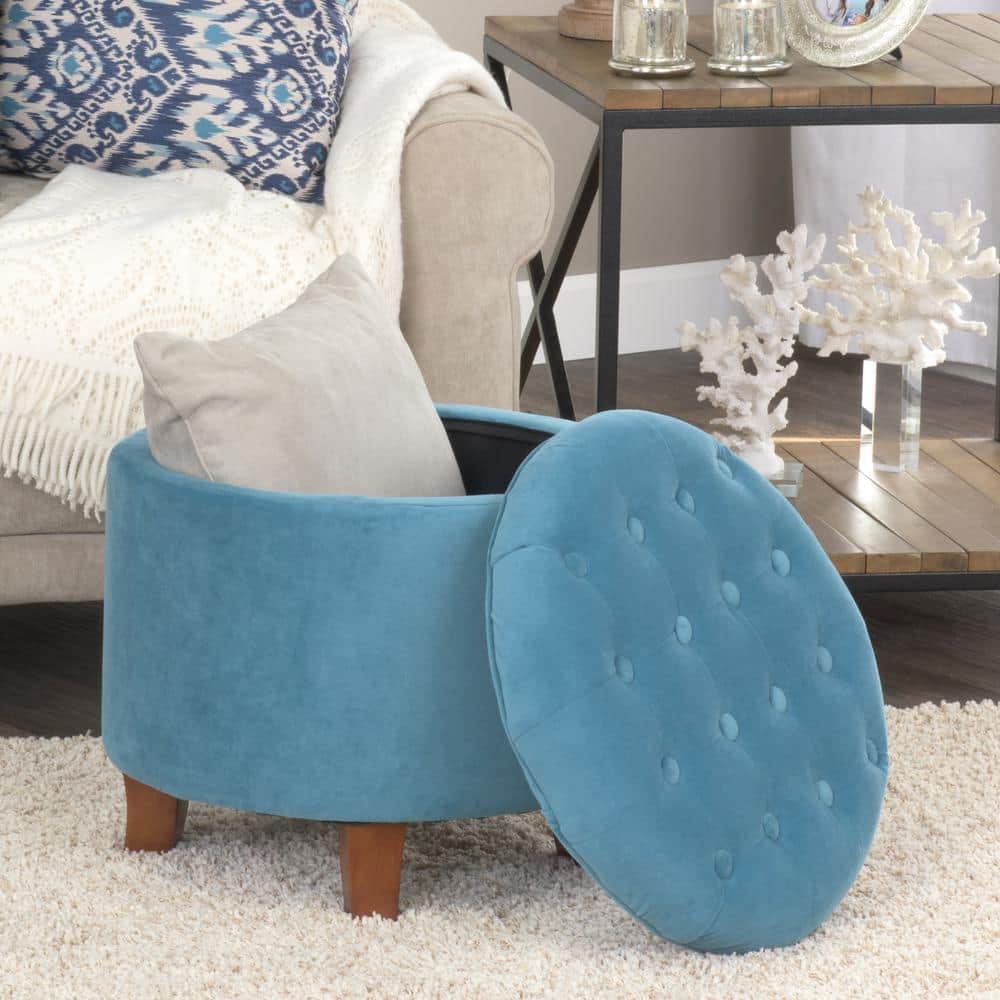 Teal Velvet Tufted Round Ottoman with Rustic Wood Legs