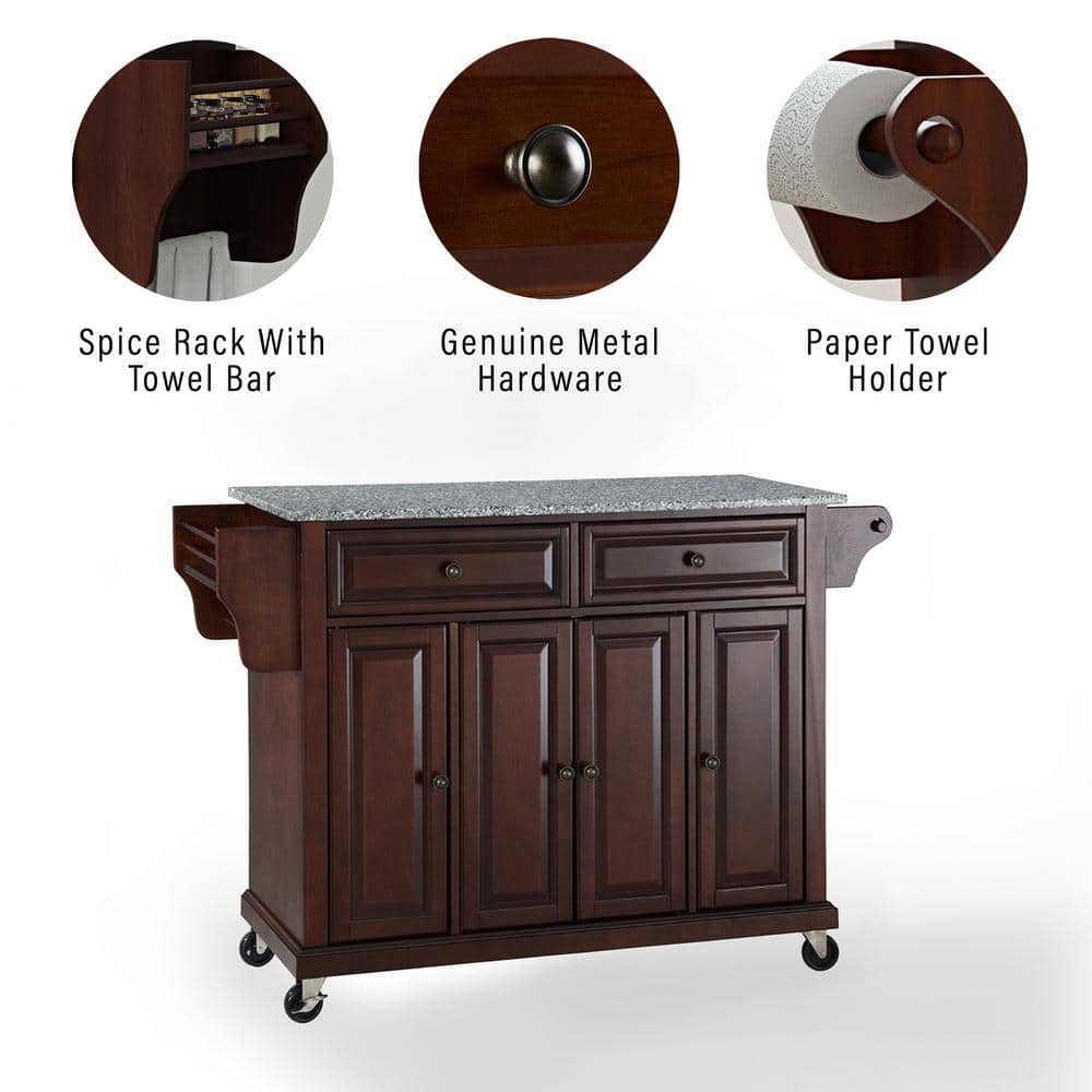 Mahogany Granite Top 46" Kitchen Cart with Spice Rack and Storage