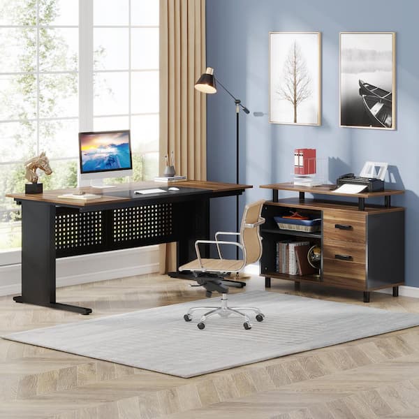 BYBLIGHT Lanita Large 63 in. L-Shaped Brown Black Engineered Wood 2-Drawer Executive Computer Desk with File Cabinet Home Office
