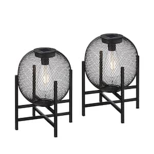 11.5 in. H Black Metal Mesh Solar Powered Edison Bulb Outdoor Lantern with Stand ( Set of 2)