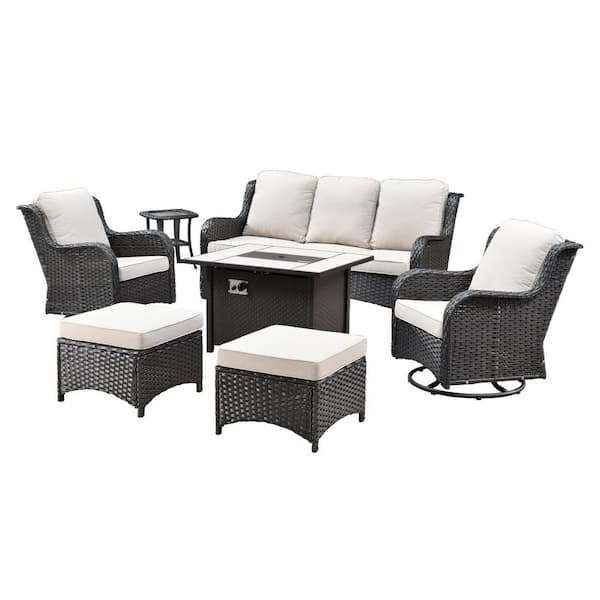 New Kenard Brown 7-Piece Wicker Patio Fire Pit Conversation Set with Beige Cushions and Swivel Rocking Chairs