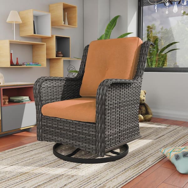 Gardenbee Wicker Outdoor Patio Swivel Rocking Chair with Orange Cushions (1-Pack)