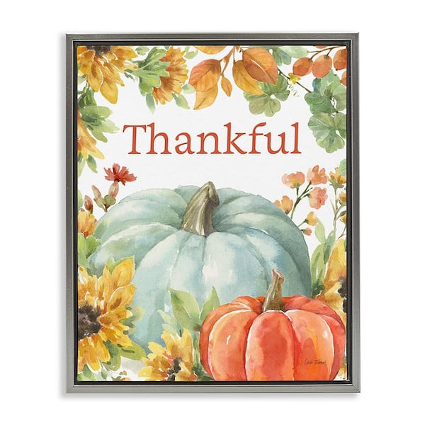 Stupell Industries Thankful with Fall Harvest by Leslie Trimbach 1 Piece Floater Frame Graphic Print Typography Art Print 21 in. x 17 in.
