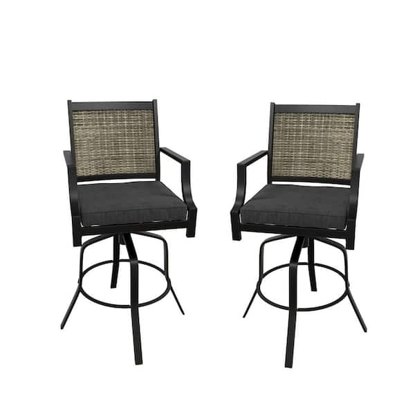 Mondawe Black Aluminum Frame Outdoor Dining Chair 360° Swivel Chair Bar Stool with Cushion and Textilene Backrest (Set of 2)