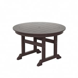 Hayes 47 in. All Weather HDPE Plastic Round Outdoor Dining Trestle Table with Umbrella Hole in Dark Brown