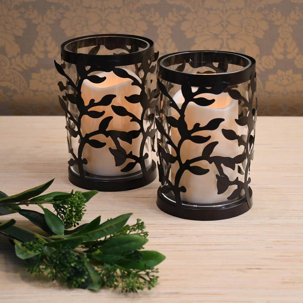 Black Vine Metal and Glass LED Flameless Pillar Candles Set of 2