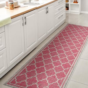 Trebol Moroccan Fuchsia/Light Gray 2 ft. x 10 ft. Trellis Textured Weave Indoor/Outdoor Area Rug