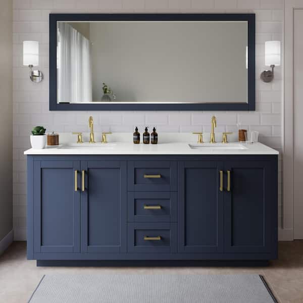 Wyndham Collection Miranda 72 in. W x 22 in. D x 33.75 in. H Double Bath Vanity in Dark Blue with White Quartz Top and 70 in. Mirror