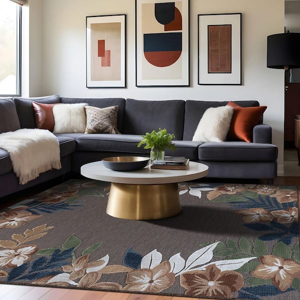 Eden 6 ft. x 9 ft. Brown  Washable Border Floral Indoor Outdoor Area Rug