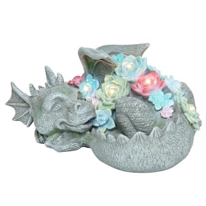 9.5 in. L Dragon Sculpture Outdoor Decor for Garden, Sleeping Dragon Statue with Solar LED Lights