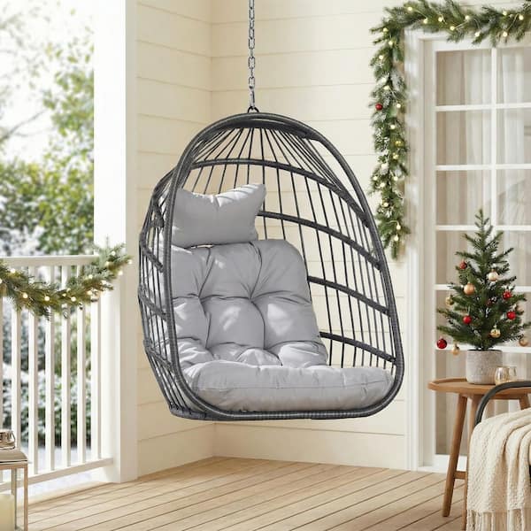 1-Person Outdoor Wicker Hanging Egg Chair Without Stand Patio Porch Swing With Light Gray Cushion