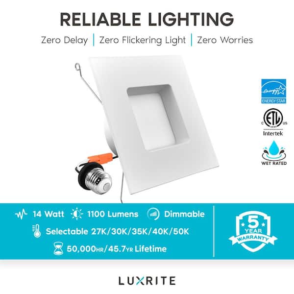 Luxrite 5/6 Inch LED Square Recessed Lighting, 14W=90W, 5CCT 2700K 5000k Dimmable 1100lm Wet Rated Energy Star Ic Rated 4 Pack - View #4