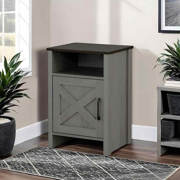 16 in. Brown and Gray Rectangle Wood End Table Enclosed Cabinet Storage with Shelves and Cable Management
