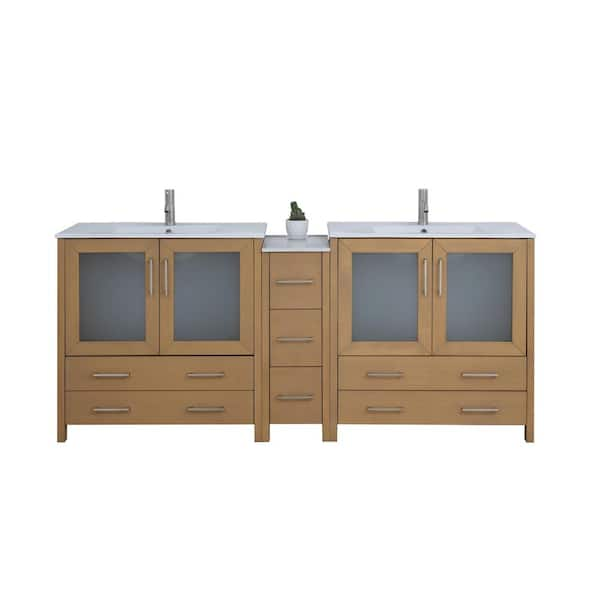 84 in. W x 18 in. D x 36 in. H Natural Oak Bath Vanity with White Ceramic Top and Mirror