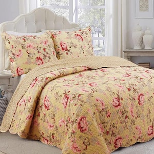 Bright Floral Blooms Country Garden 3-Piece Scalloped Pink Khaki Cotton Queen Quilt Bedding Set