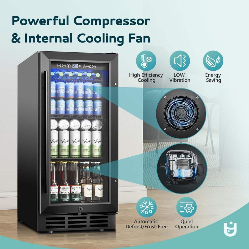 EUHOMY 15 in. Single Zone 130-Cans Freestanding/Built-in Beverage and Wine Cooler in Black with Child Lock, Interior Light BR002-126BL-E1