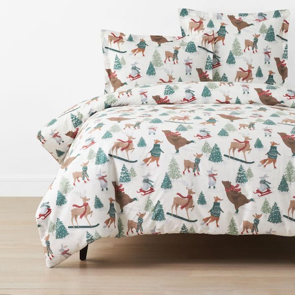Company Cotton Winter Skiing Animals White Multi Queen Cotton Percale Duvet Cover