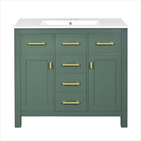 Ximuprmy 36 in. Freestanding Green Wood Bath Vanity with White