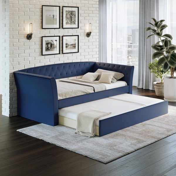 Rest Rite Hester Blue Contemporary, Faux Leather Twin Bed With Trundle